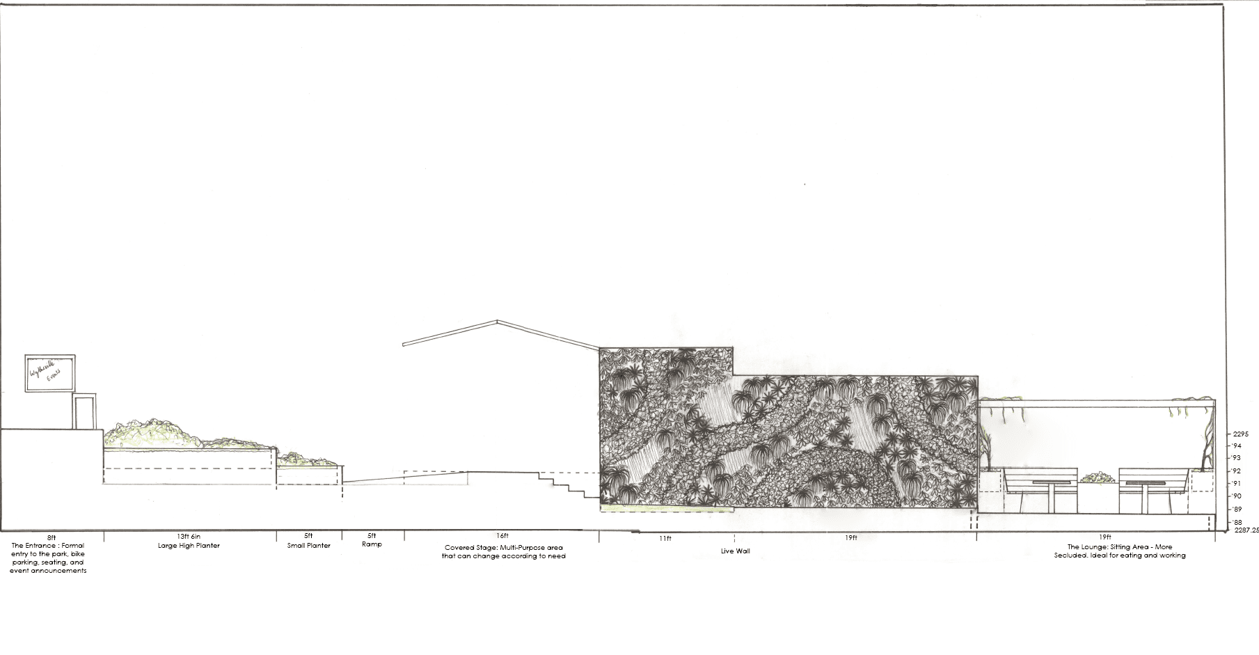 Paper Clip Building Section Elevation: This Section shows how different areas and components along the wall of the Building interact with it