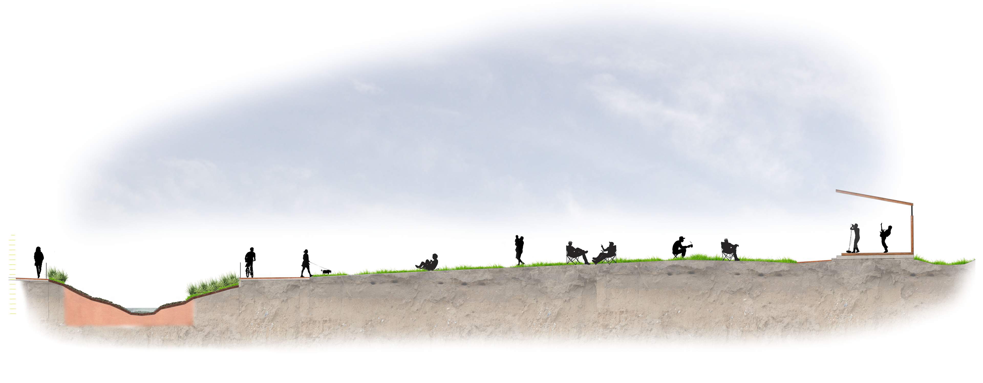 This section shows the topographic elevations from the stage all the way down to the creek. It also shows how it may be used at a festival.
