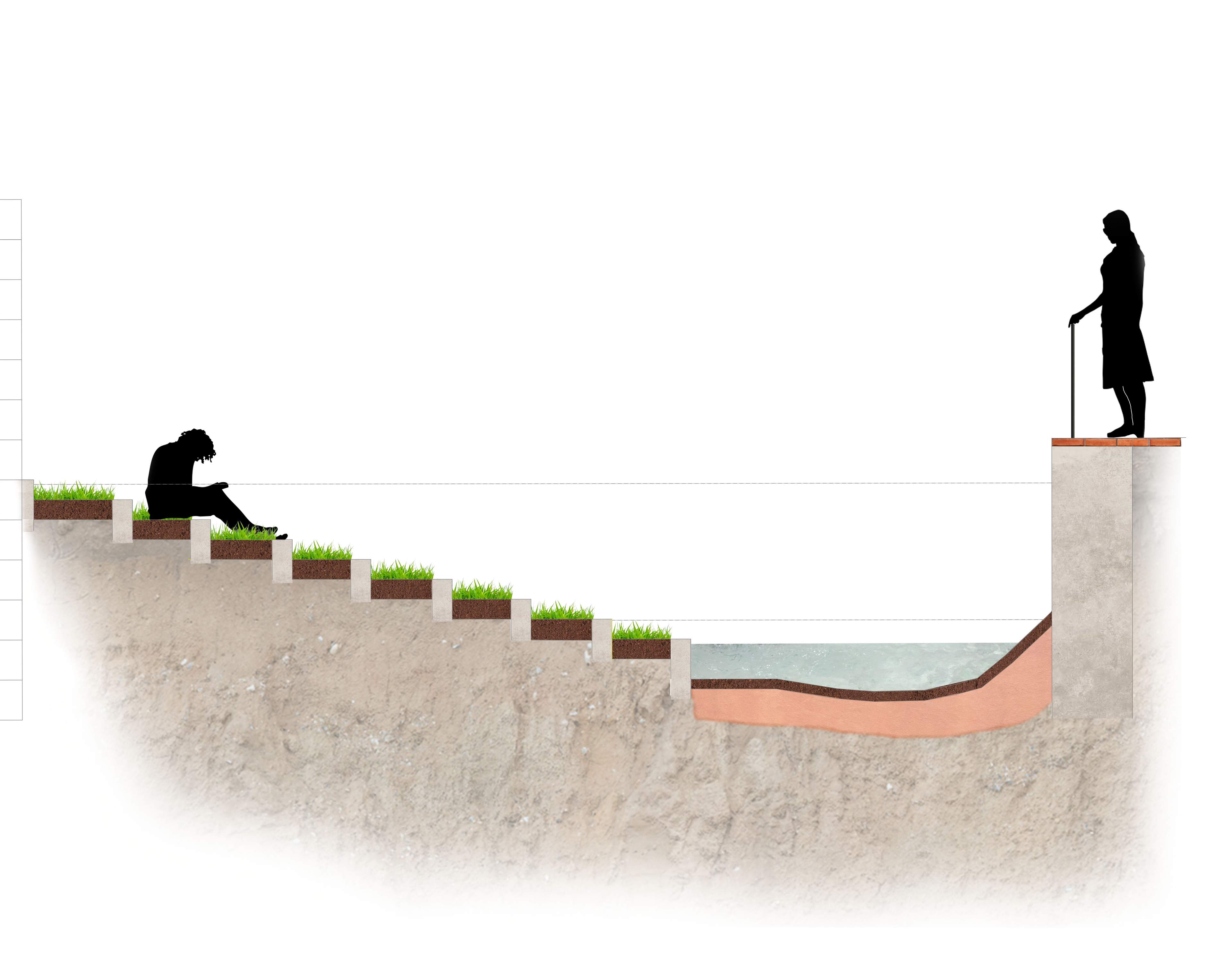 This section shows the relationship between the creek and the stair access to it. It shows an example of regular day usage of the area.