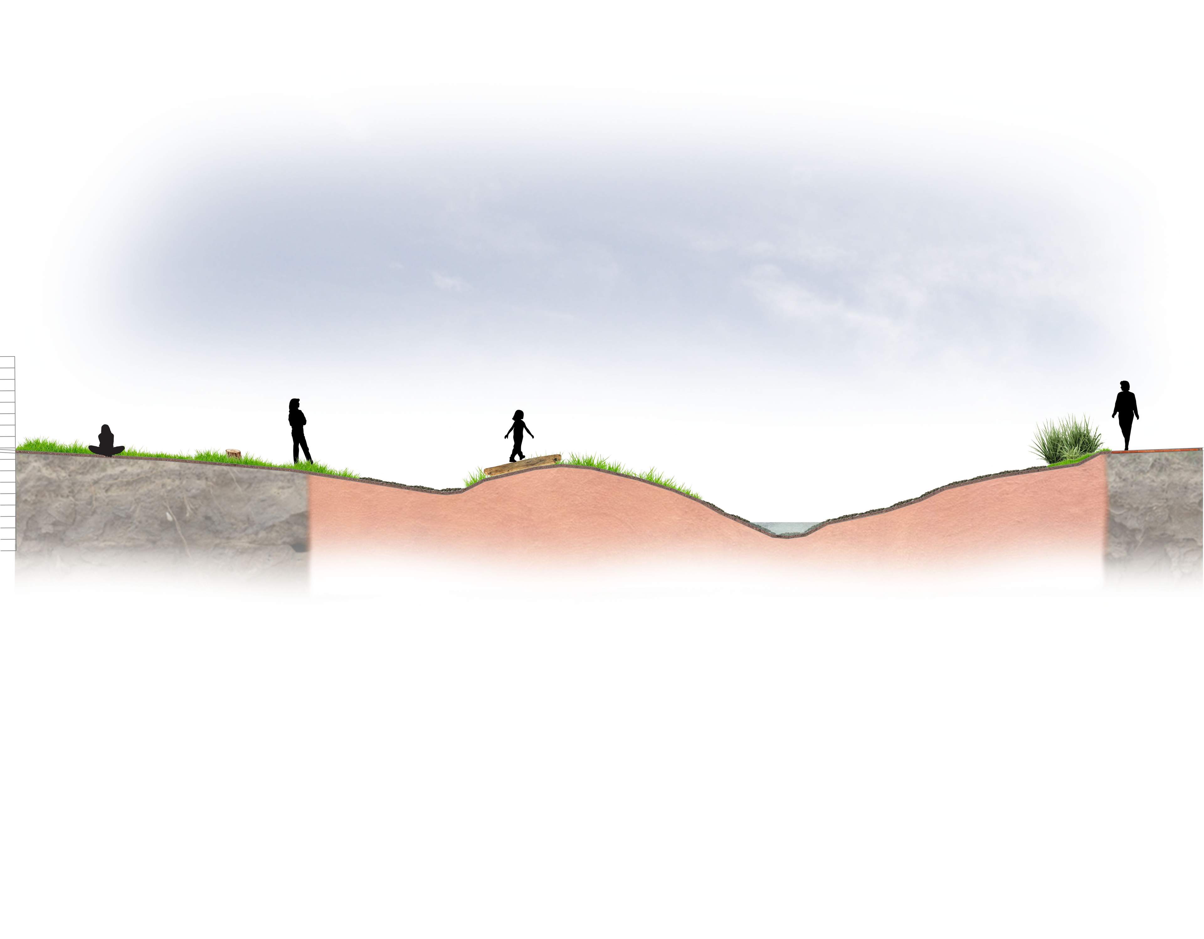 This Section shows how people can interact with the raised islands and the natural playground at the South-East end of the park.