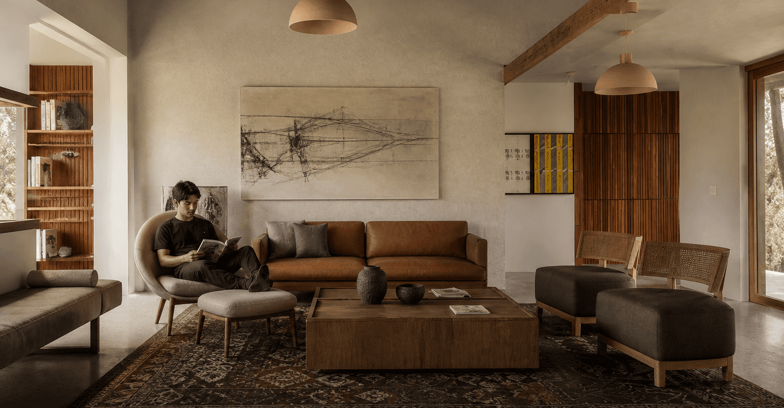 Modern minimalist living room interior with neutral palette, natural wood furniture, soft textures, and warm lighting for a calm, elegant ho